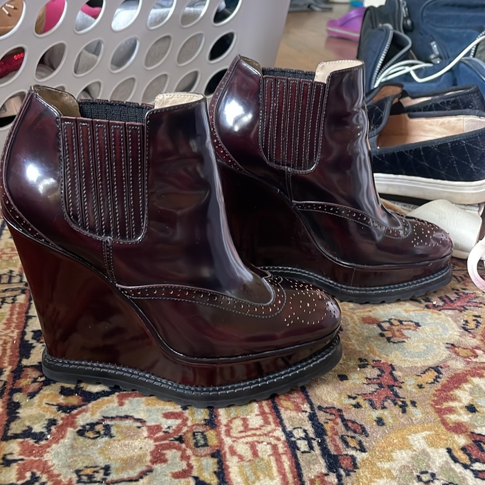 Michael Kors Collection Brogue Collette Patent Leather Wedge Booties Oxford
